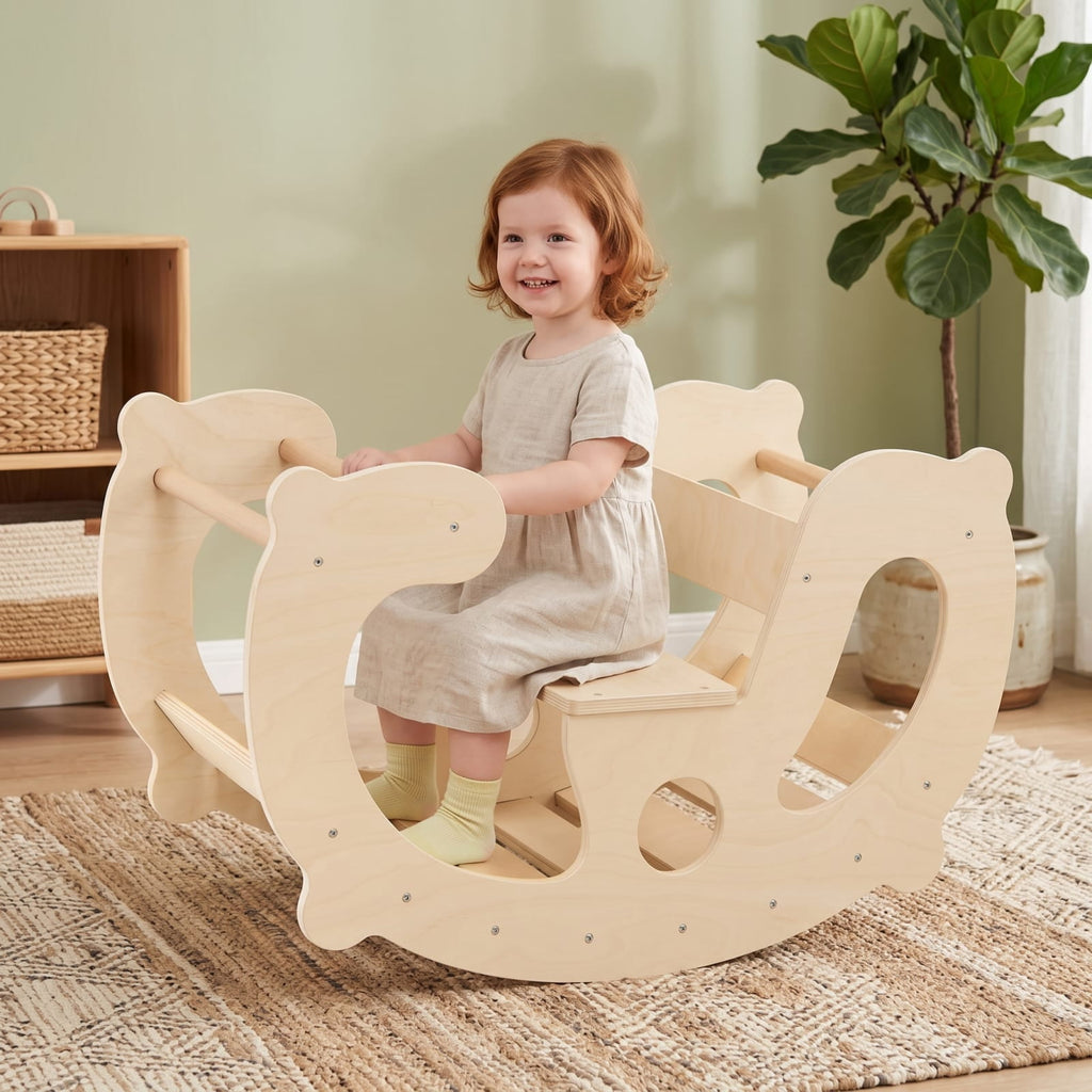 Redsmile 2-in-1 Rocking Horse Arch for Kids Montessori Climbing Toys with Arch Climber for Kids 1+ Years Old, Natural