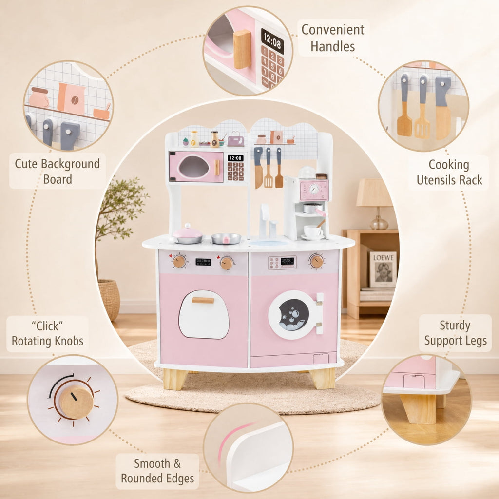 Redsmile Wooden Kids Kitchen Playset for Toddlers 3+ Years, Pretend Play Kitchen with Coffee Maker, Microwave, Oven, Stove, Sink and Washing Machine, Click-Sound Knobs, Christmas Gift, Pink