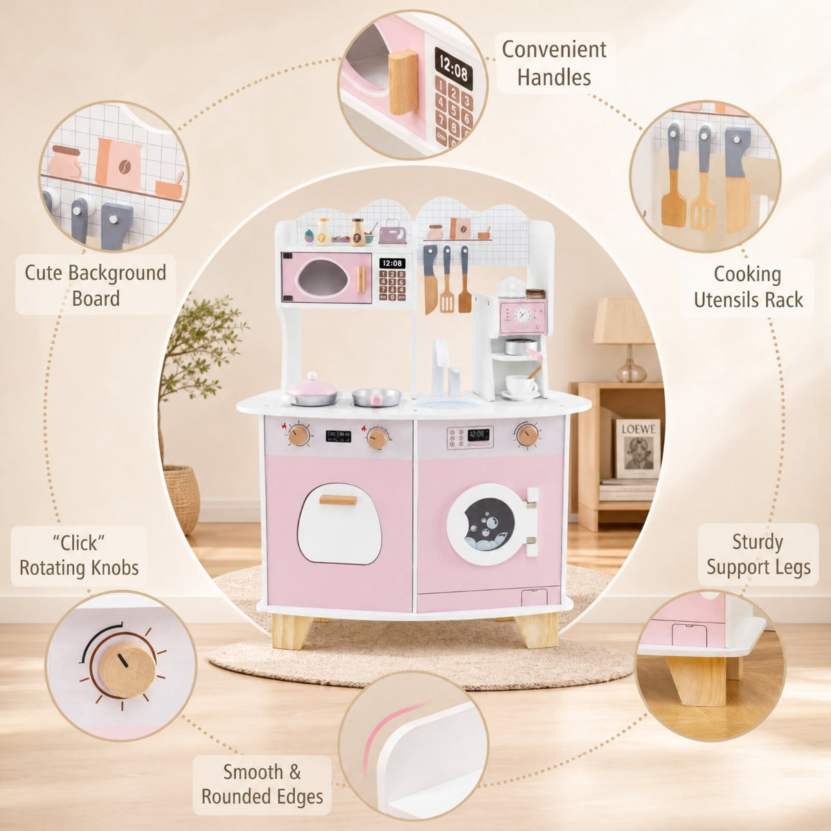 Redsmile Wooden Kids Kitchen Playset for Toddlers 3+ Years, Pretend Play Kitchen with Coffee Maker, Microwave, Oven, Stove, Sink and Washing Machine, Click-Sound Knobs, Christmas Gift, Pink