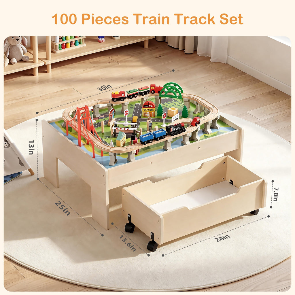 Redsmile Train Table with Electric Train,100 Pcs Multicolor Wooden Kids Activity Table with Rolling Storage Drawer for Gaming, Drawing, Reading,Creative Toy Set for Boys and Girls