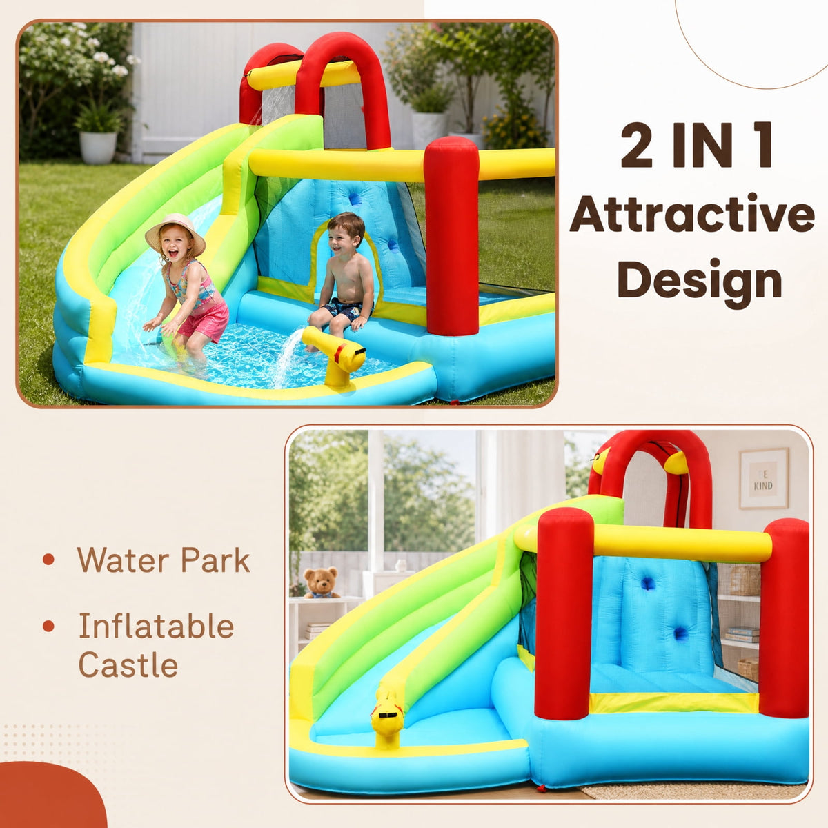 Redsmile 6-in-1 Inflatable Bounce House with 550W Blower, Backyard Water Slide with Climbing Wall, Basketball Hoop and Splash Pool for Kids, Wet Dry Outdoor Fun for Boys Girls