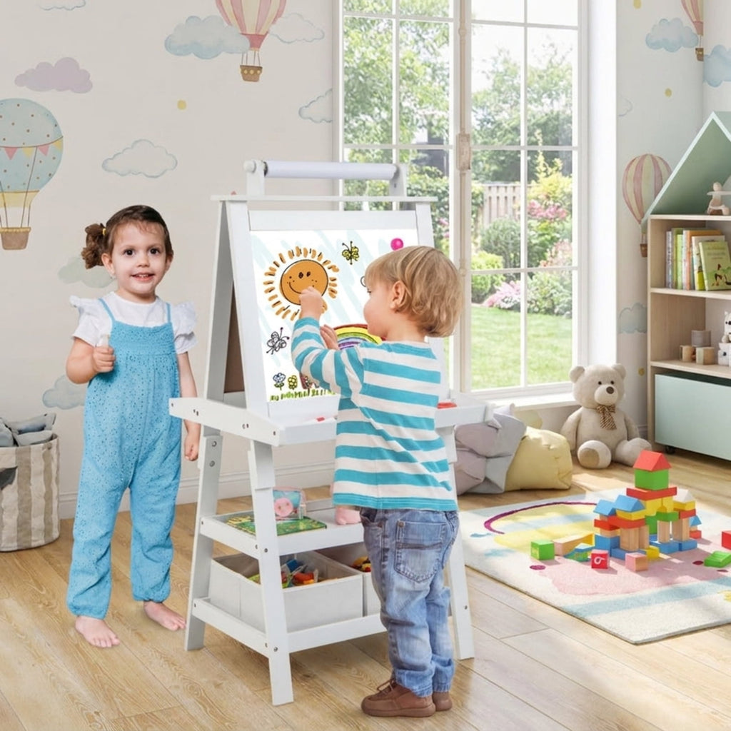 Redsmile 3-in-1 Kids Art Easel for Toddlers 3+ Years, Double-Sided Standing Easel with Whiteboard, Chalkboard and Paper Roll, Storage Shelves, Fabric Bins and Paint Cups, Christmas Gift, White