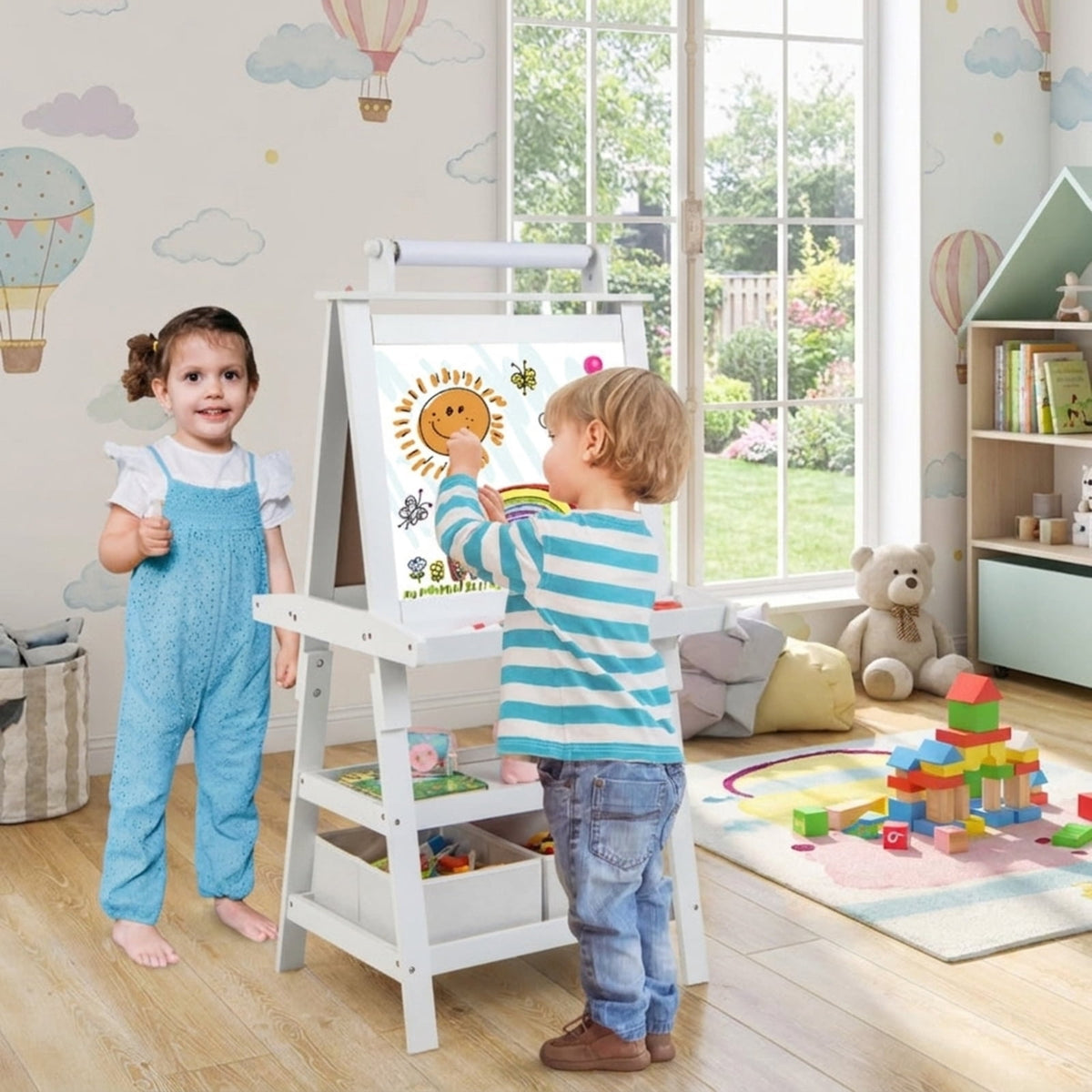 Redsmile 3-in-1 Kids Art Easel for Toddlers 3+ Years, Double-Sided Standing Easel with Whiteboard, Chalkboard and Paper Roll, Storage Shelves, Fabric Bins and Paint Cups, Christmas Gift, White