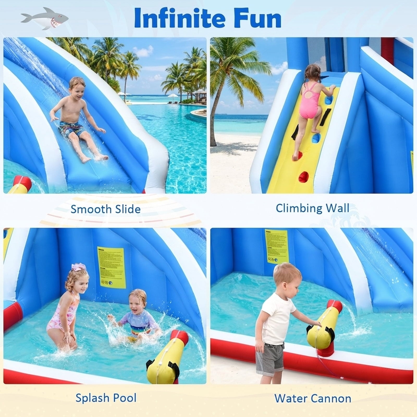 Redsmile Inflatable Shark Bounce House with Water Slide and Climbing Wall without Blower - Multicolor