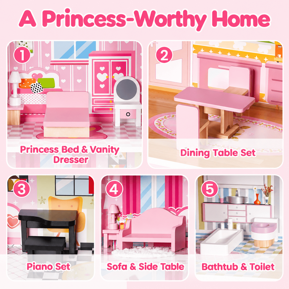Redsmile Wooden Dollhouse for Kids, 3-Story Doll House with 17 Furniture Pieces and Accessories for Pretend Play and Birthday Gifts, Pink