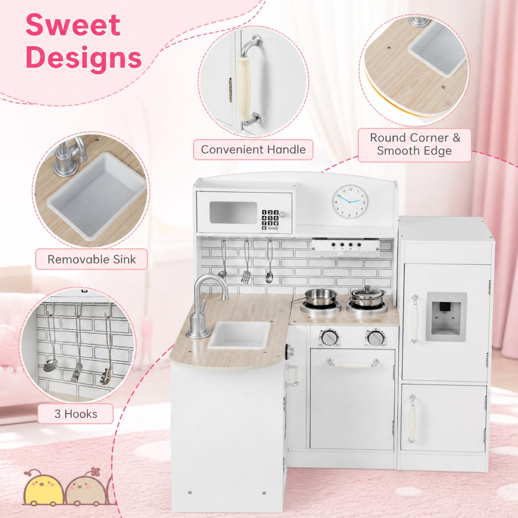 Redsmile Kids Play Kitchen Set for Toddlers 3+ Years, L-Shaped Corner Pretend Play Kitchen with Realistic Microwave, Oven, Stove, Water Dispenser, Range Hood and Side Refrigerator, White