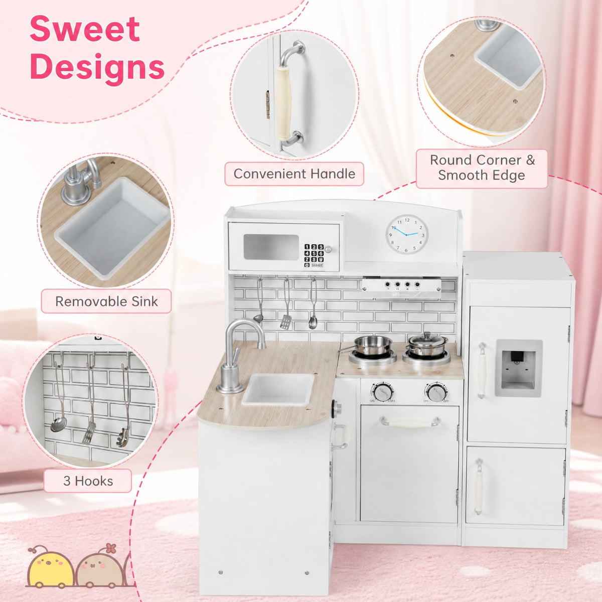 Redsmile Kids Play Kitchen Set for Toddlers 3+ Years, L-Shaped Corner Pretend Play Kitchen with Realistic Microwave, Oven, Stove, Water Dispenser, Range Hood and Side Refrigerator, White