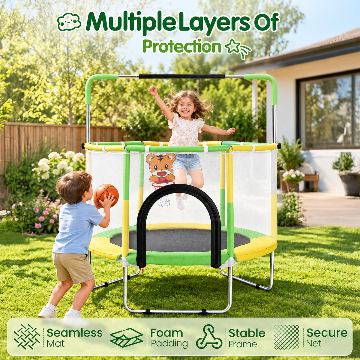 Redsmile 55 Inch Trampoline for Kids with Safety Net, 3-Level Adjustable Height, 500lb Capacity Indoor and Outdoor Jumper with Basketball Hoop for Boys and Girls, Green