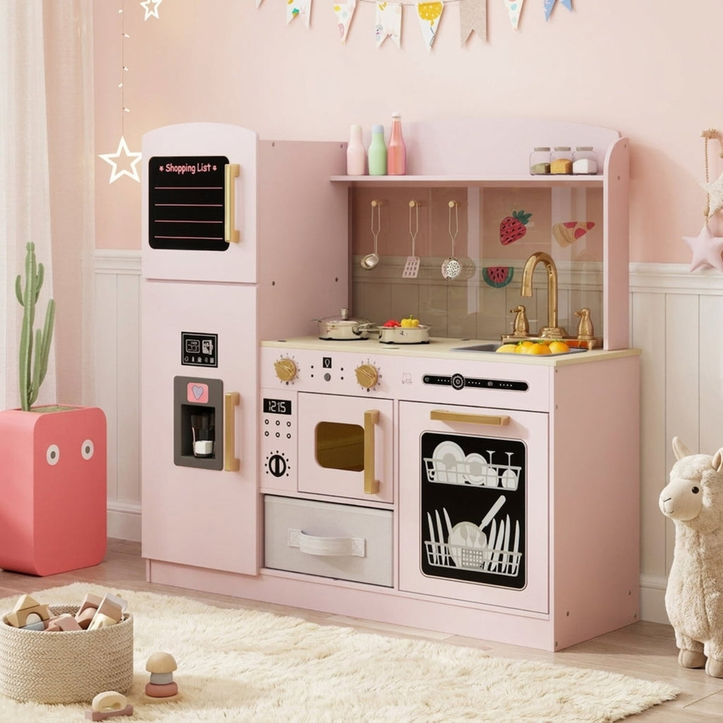 Redsmile Wooden Play Kitchen for Kids, Deluxe Pretend Kitchen with Lighted Microwave Ice Maker and Chalkboard, Toddler Kitchen Toy, Pink