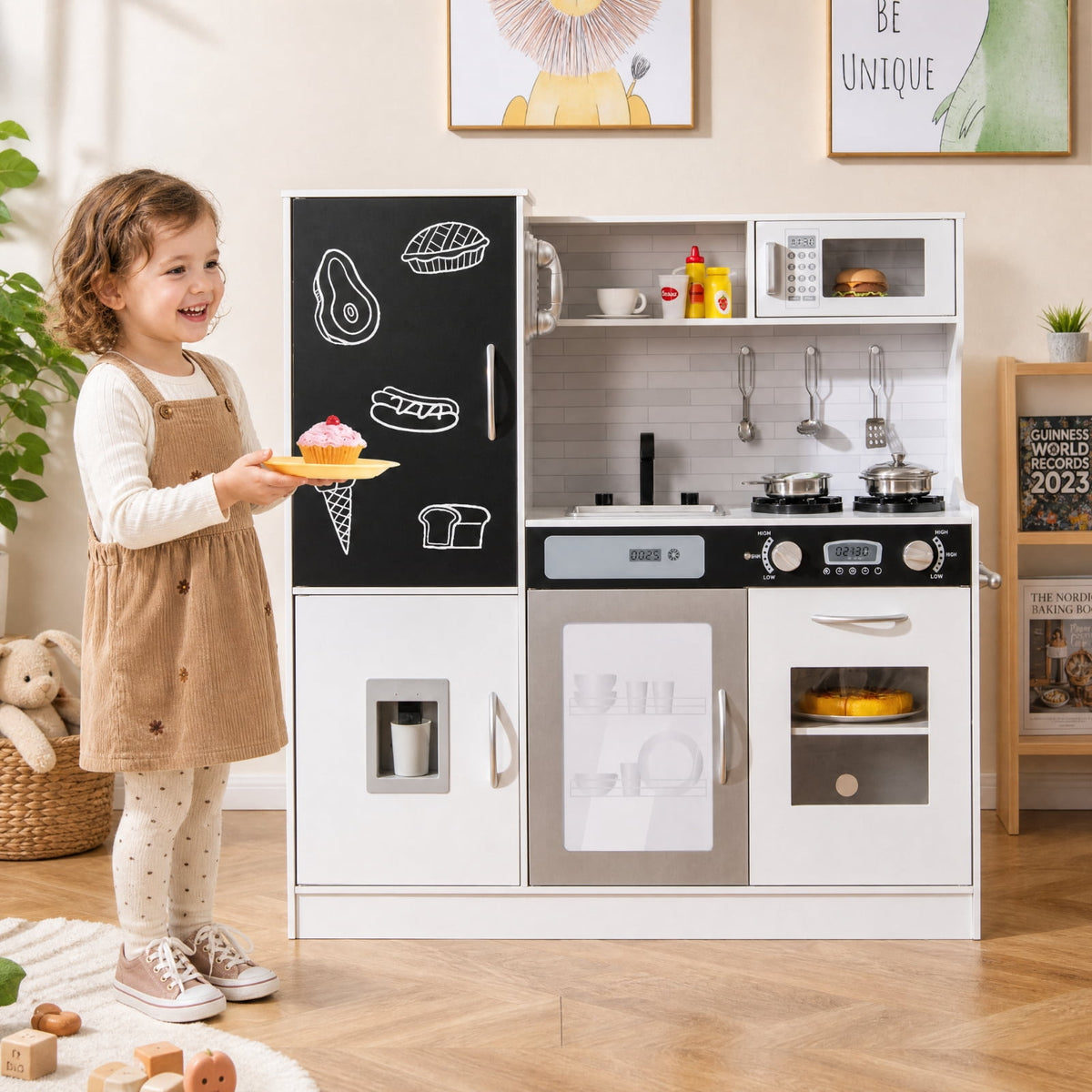 Redsmile Pretend Play Kitchen Set for Kids 3+ Years, Toddler Kitchen Playset with Light-Up Stove, Sound Water Dispenser, Dishwasher, Oven, Chalkboard and Utensils, Christmas Gift, Silver