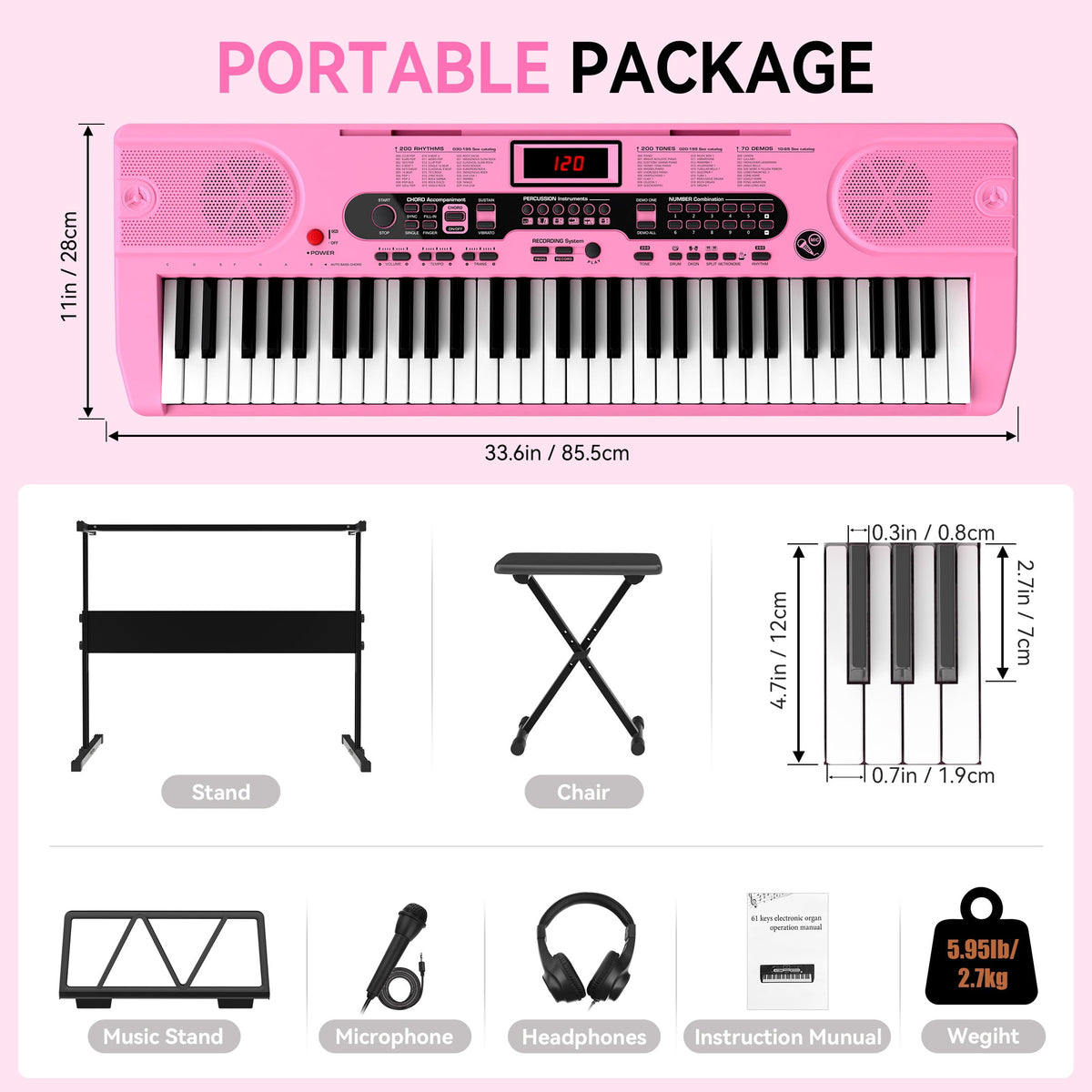 Redsmile 61-Key Piano Keyboard with Lighted Keys, Stand, Bench, Microphone, Headphone, Electronic Keyboard Piano Set, Pink