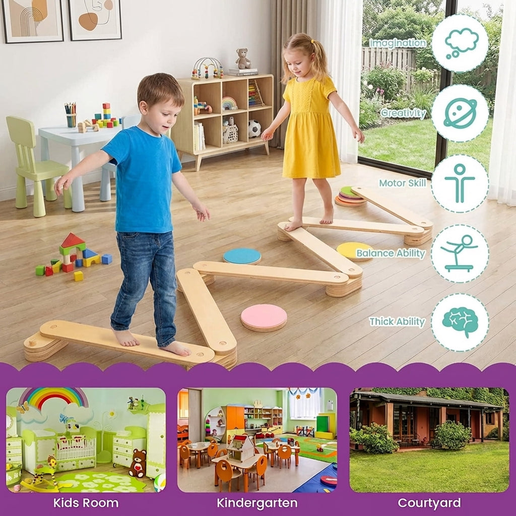 Redsmile 12-Piece Kids Wooden Balance Beam with Colorful Steeping Stones - Motor Skill Development Educational Toy for Toddlers