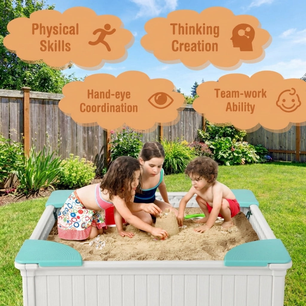 Redsmile Kids Sandbox for Backyard, 48 Inch Outdoor Sandbox with Cover and 4 Corner Seats, Weatherproof Sand Play Box, White