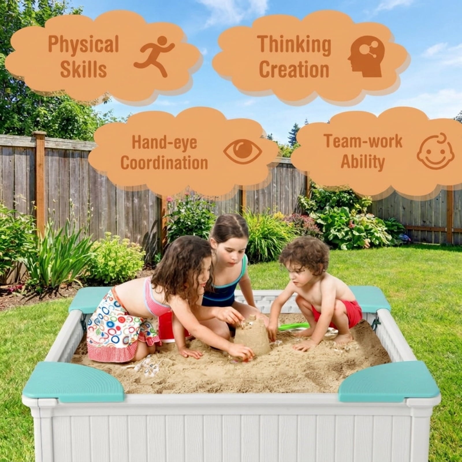 Redsmile Kids Sandbox for Backyard, 48 Inch Outdoor Sandbox with Cover and 4 Corner Seats, Weatherproof Sand Play Box, White