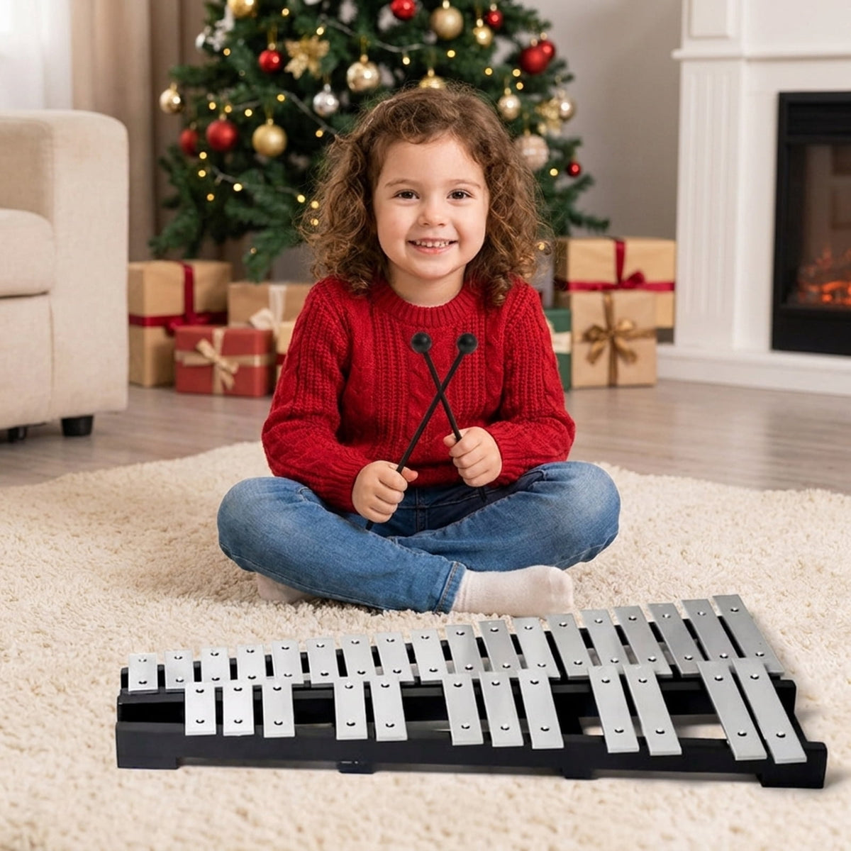Redsmile 30-Note Glockenspiel Percussion Set with Adjustable Stand and Mallets for Beginner Kids, Black