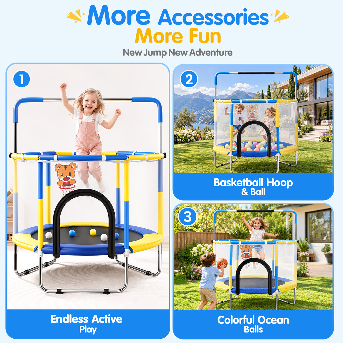 Redsmile 55 Inch Trampoline for Kids with Safety Net, 3-Level Adjustable Height, 500lb Capacity Indoor and Outdoor Jumper with Basketball Hoop for Boys and Girls, Blue