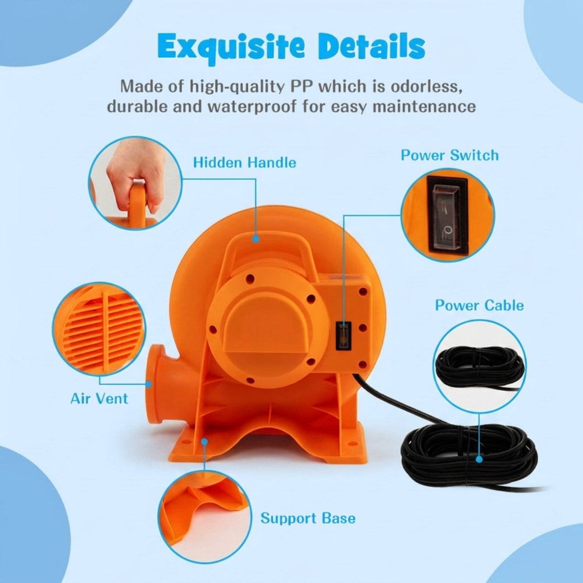 Redsmile 380W Air Blower for Inflatables with 25 Feet Wire and GFCI Plug, ETL Certified 0.5HP Inflatable Blower Pump Fan with Ground Stakes for Bounce House Holiday Inflatables, IPX4, Orange