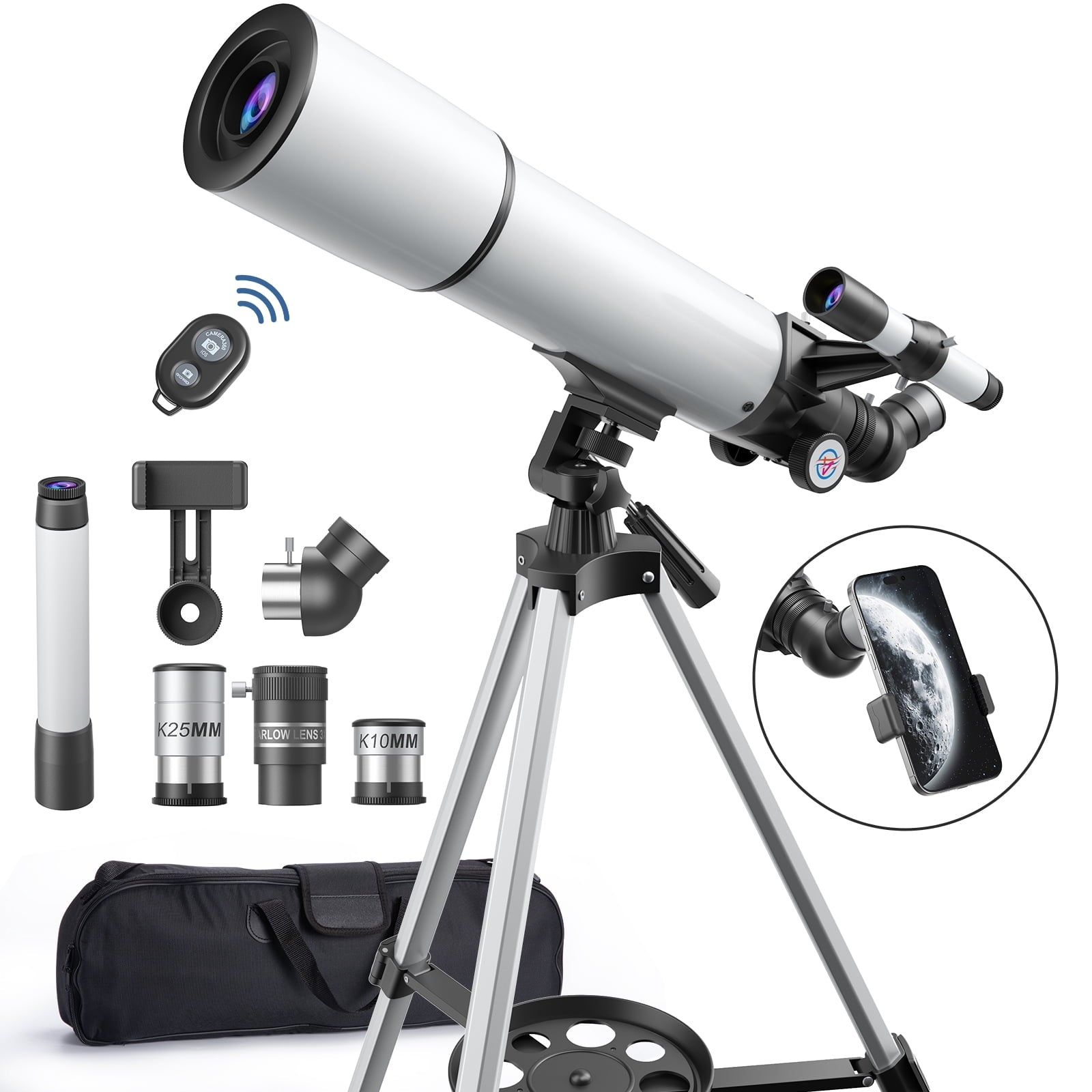 Redsmile Telescope for Adults Astronomy Beginners80mm Aperture 500mm Refractor Telescope with AZ Mount Tripod and 2 Eyepieces20x to 50x Magnification for Moon ViewingWhite
