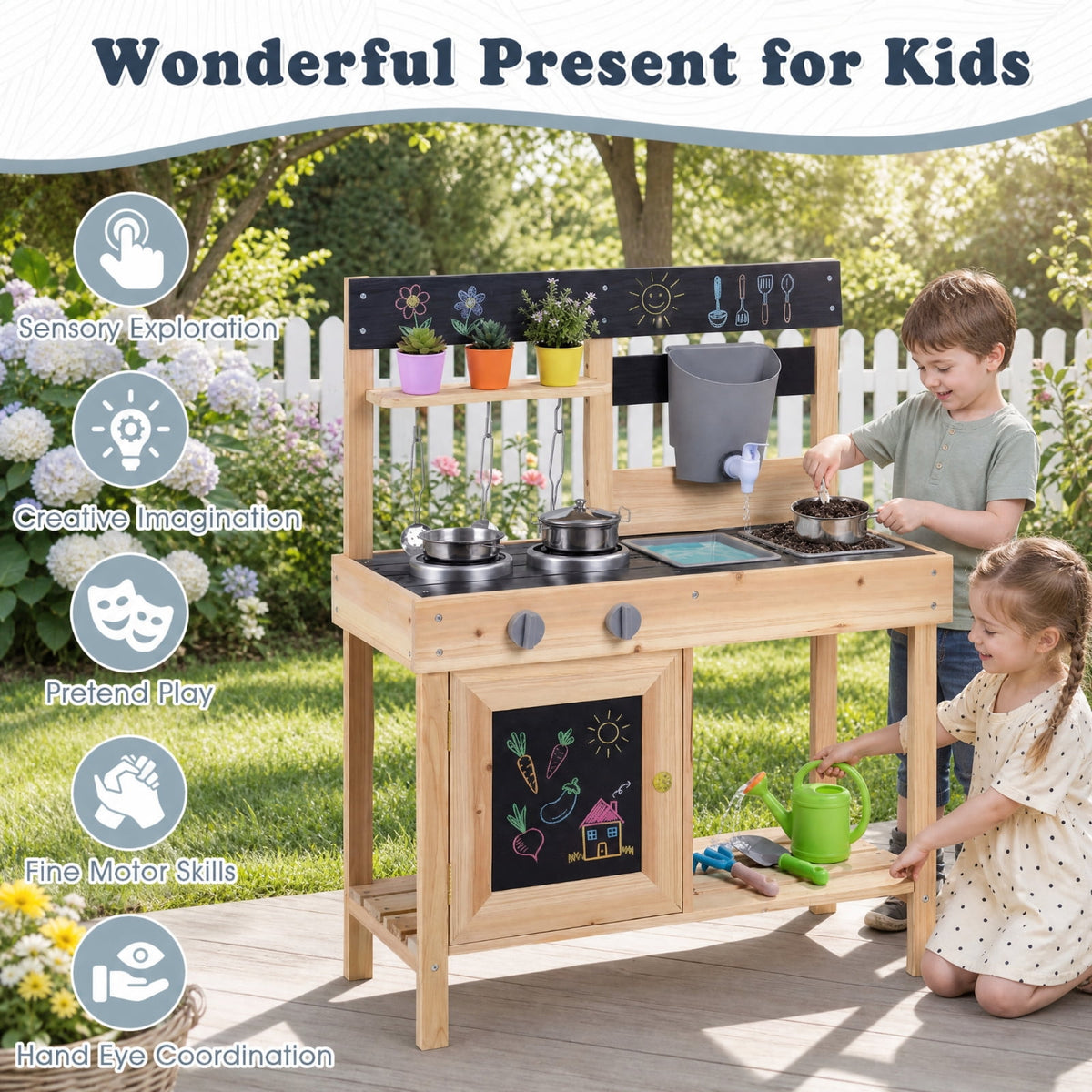Redsmile Mud Kitchen for Kids Outdoor with 2 Removable Sinks, Fir Wood Play Kitchen Set with Water Box Faucet 2 Stoves and 5 Kitchenware, Toddler Backyard Playset for Ages 3+, Natural