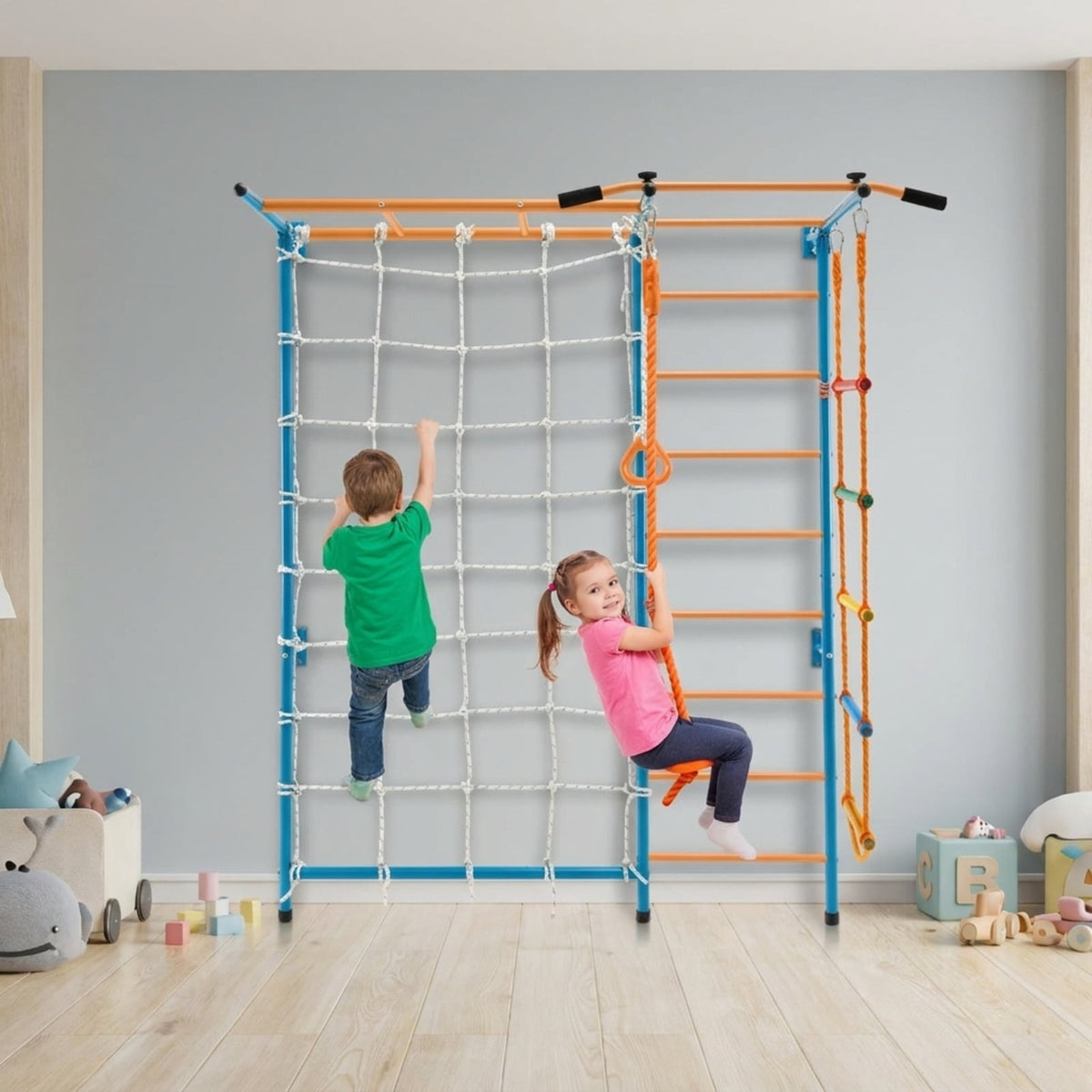 Redsmile Indoor Gym for Kids, 7-in-1 Swedish Wall Climbing Set with Pull-Up Bar and Ladder, Wall-Mounted Home Playground, Yellow