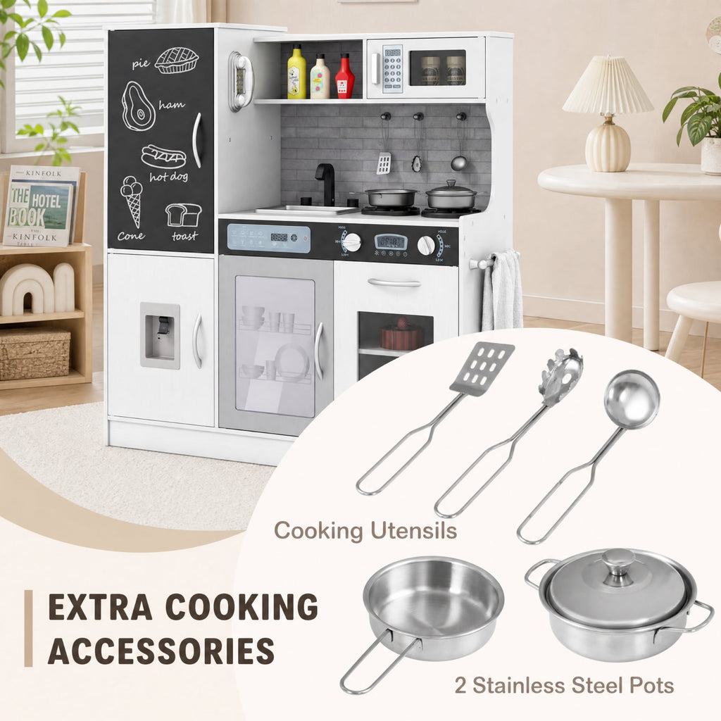 Redsmile Pretend Play Kitchen Set for Kids 3+ Years, Toddler Kitchen Playset with Light-Up Stove, Sound Water Dispenser, Dishwasher, Oven, Chalkboard and Utensils, Christmas Gift, Silver