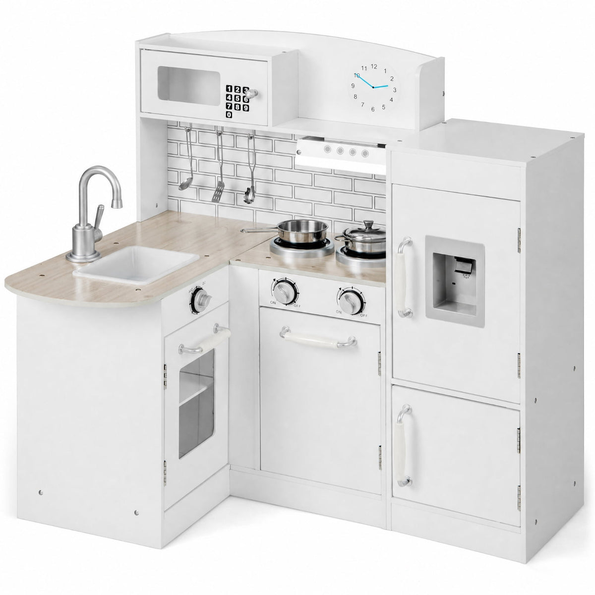 Redsmile Kids Play Kitchen Set for Toddlers 3+ Years, L-Shaped Corner Pretend Play Kitchen with Realistic Microwave, Oven, Stove, Water Dispenser, Range Hood and Side Refrigerator, White