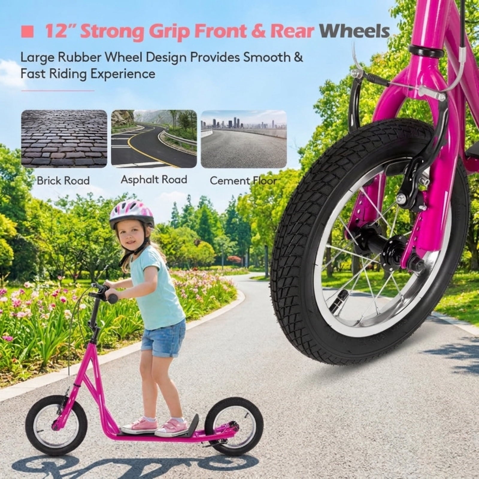Redsmile Kids Scooter with 12 Inch Air Wheel, Height Adjustable Kick Scooter Holds 165 lb for Big Kids and Teens, Pink