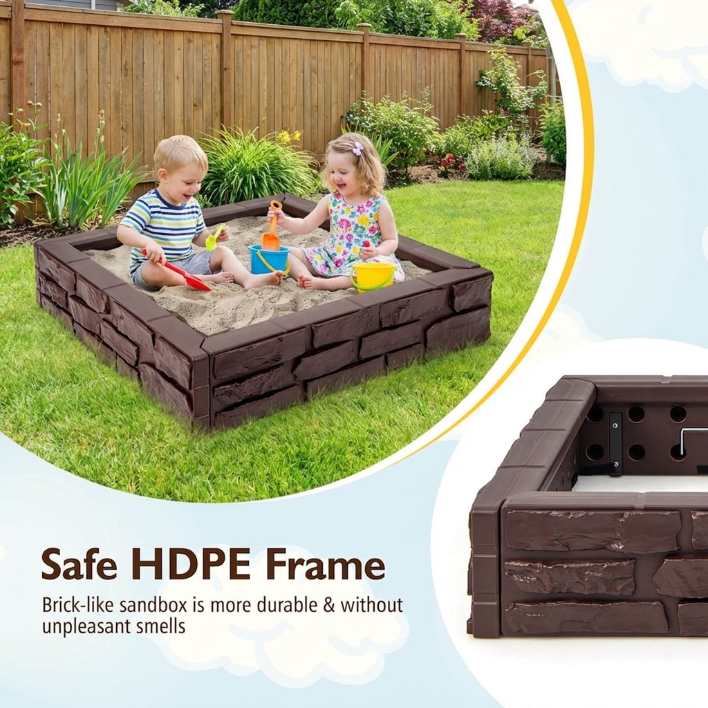 Redsmile 2-In-1 HDPE Kids Sandbox with Cover and Bottom Liner - Brown - Outdoor Play - Garden Toy - Backyard Fun