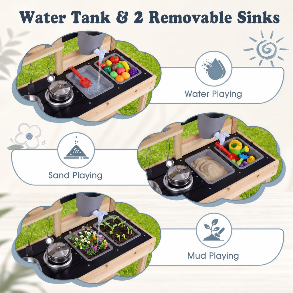 Redsmile Mud Kitchen for Kids Outdoor with 2 Removable Sinks, Fir Wood Play Kitchen Set with Water Box Faucet 2 Stoves and 5 Kitchenware, Toddler Backyard Playset for Ages 3+, Natural