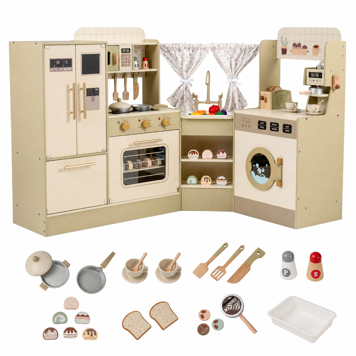 Redsmile Kids Corner Play Kitchen Set for Toddlers 3+ Years, Pretend Play Kitchen with Faucet, Dishwasher, 2 Stoves, Coffee Machine, Refrigerator, Blackboard and 21 Accessories, Green