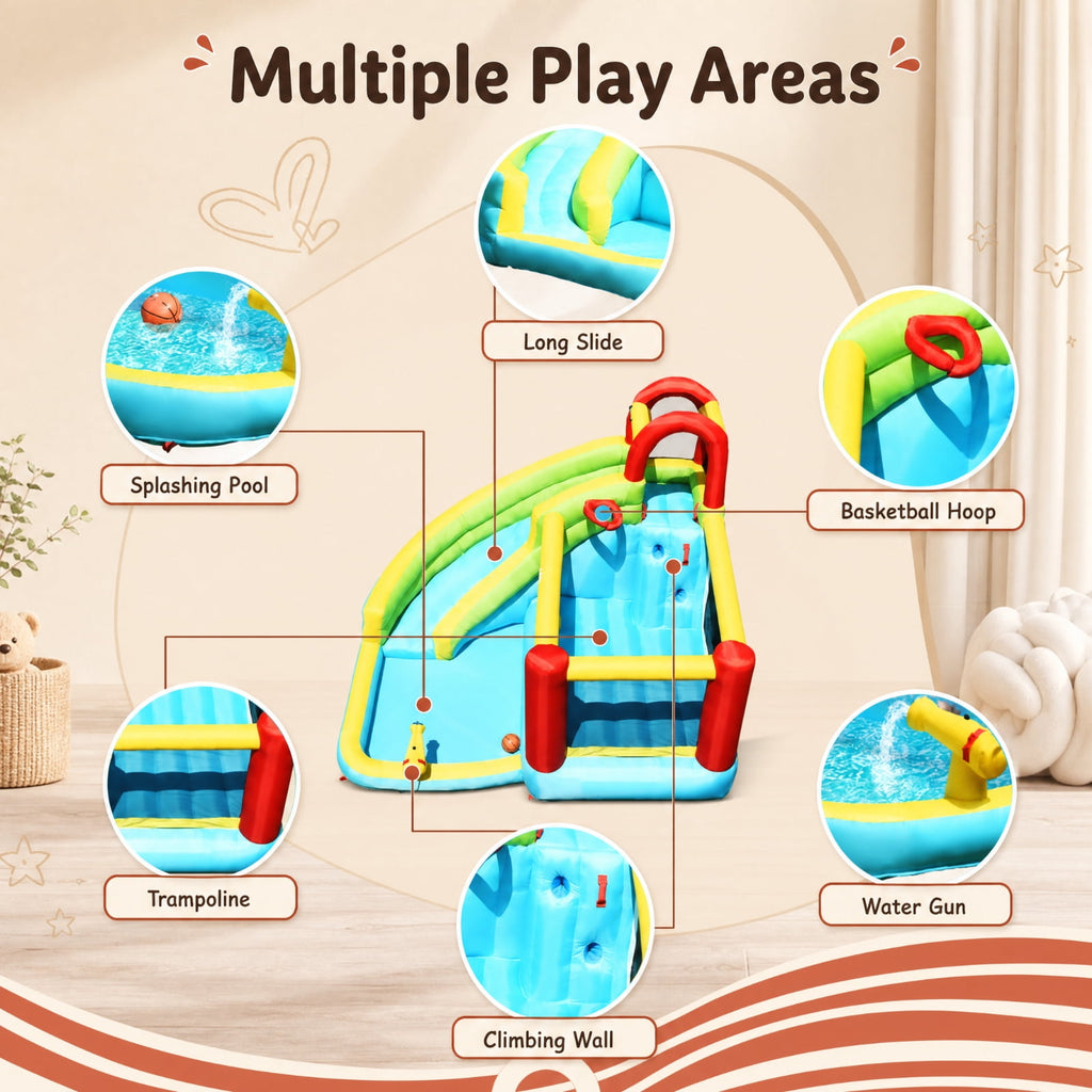 Redsmile 6-in-1 Inflatable Bounce House with 550W Blower, Backyard Water Slide with Climbing Wall, Basketball Hoop and Splash Pool for Kids, Wet Dry Outdoor Fun for Boys Girls