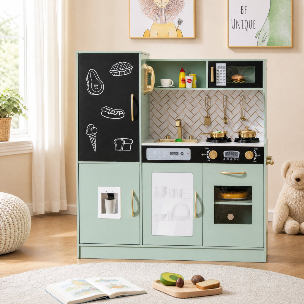 Redsmile Pretend Play Kitchen for Kids with Lights and Sounds, Wooden Play Kitchen Set with Dishwasher Oven Microwave Sink Faucet Water Dispenser and Utensils, Toddler Playset, Green