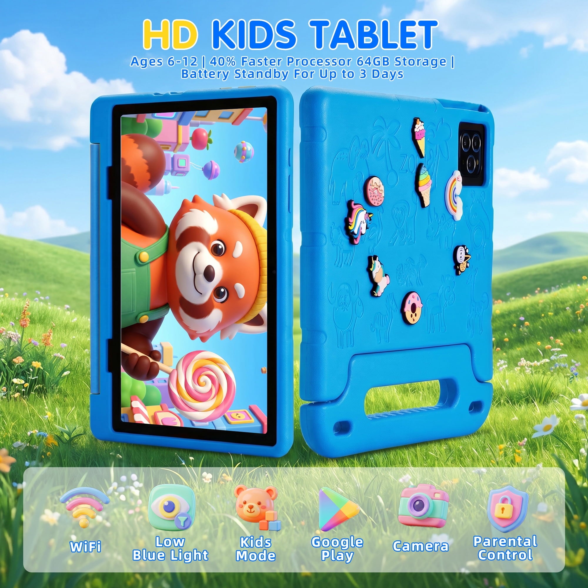 Redsmile Kids Tablet,10 inch Android 14 Tablet for Kids with Case,3GB+64GB,Dual Camera Tablet for Kid, 8000mAh, WiFi,Parental Control,Child Education Tablet,Gift for Boys and Girls,Blue