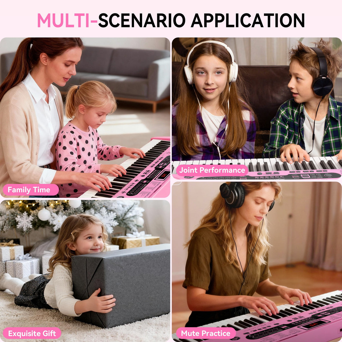 Redsmile 61-Key Piano Keyboard with Lighted Keys, Stand, Bench, Microphone, Headphone, Electronic Keyboard Piano Set, Pink
