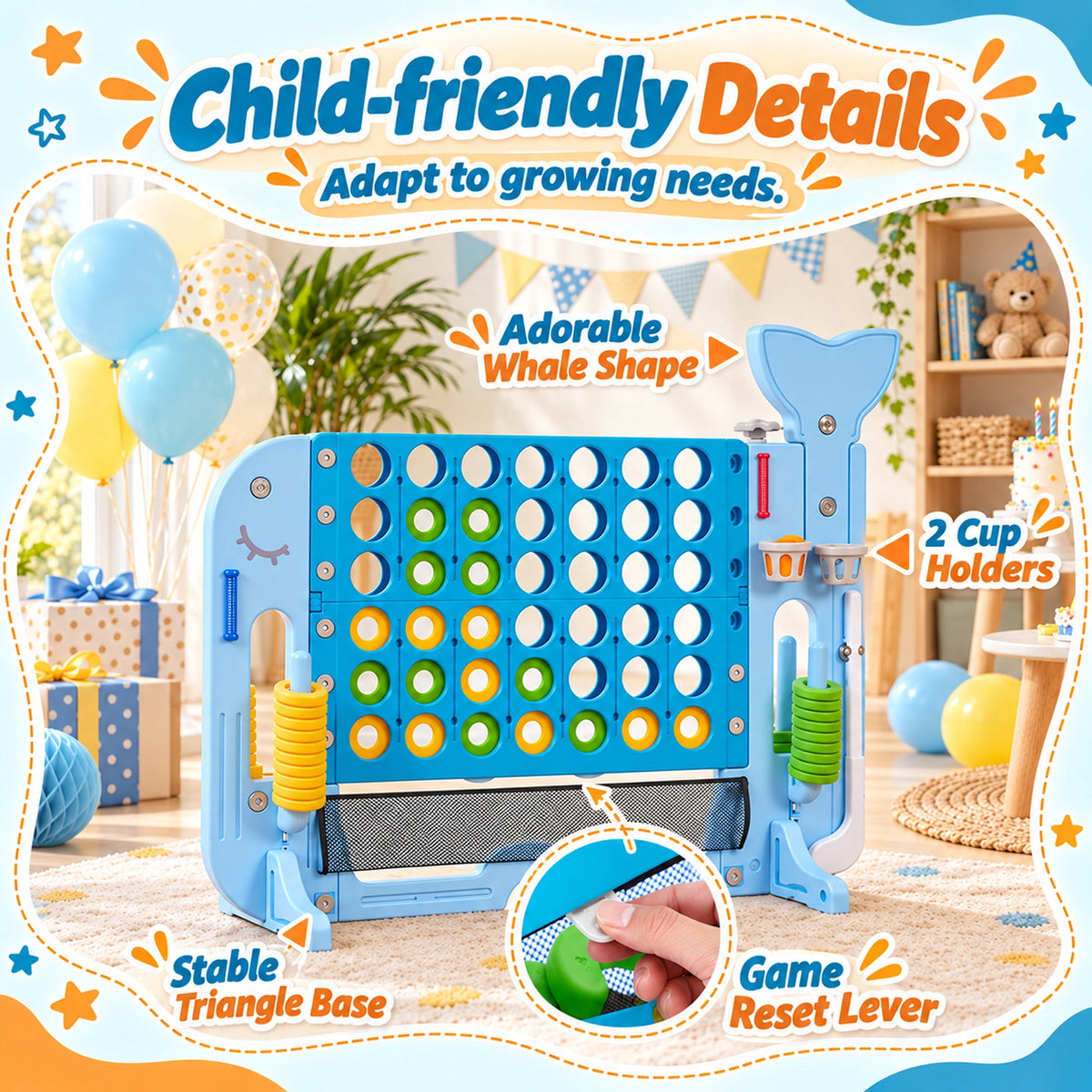 Redsmile Giant 4 in a Row Yard Game Set, 4-in-1 Outdoor Games for Kids and Adults with Basketball Hoop, Golf and Ring Toss, Adjustable Height Lawn Game for Backyard Party, Blue