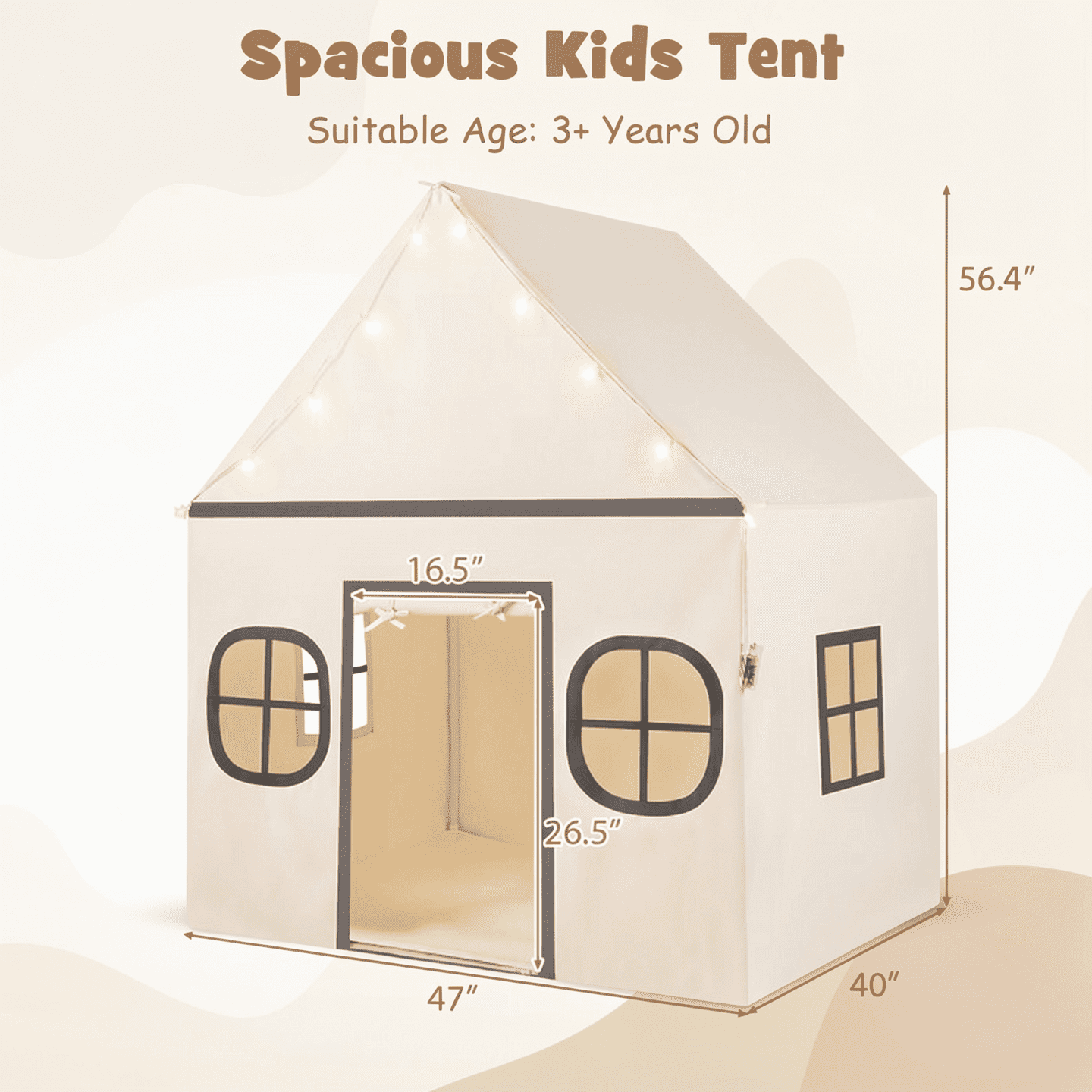 Redsmile Kids Play Tent Large Playhouse for Indoor Outdoor with Star Lights Door Curtain and Windows,Children Tent Play Equipment Gift for Girls Boys,Beige