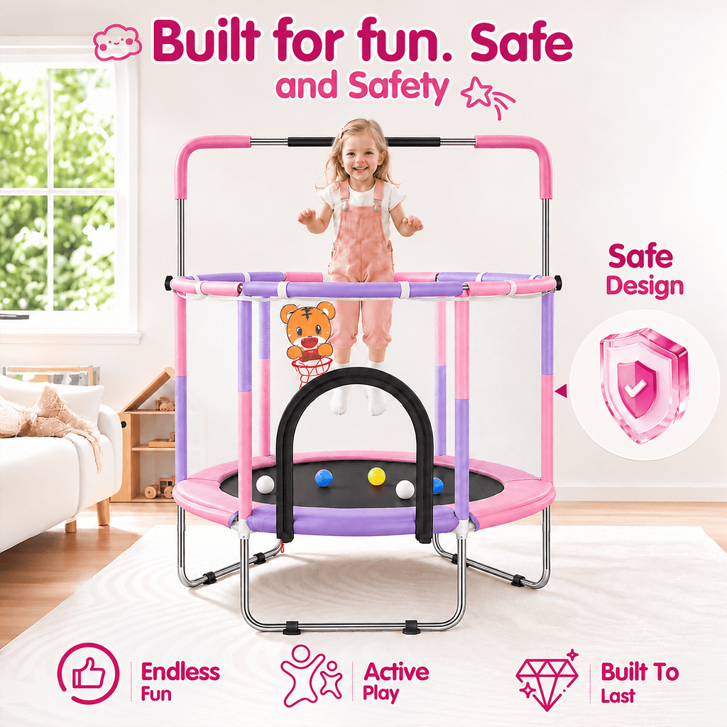 Redsmile 55 Inch Trampoline for Kids with Safety Net, 3-Level Adjustable Height, 500lb Capacity Indoor and Outdoor Jumper with Basketball Hoop for Boys and Girls, Pink
