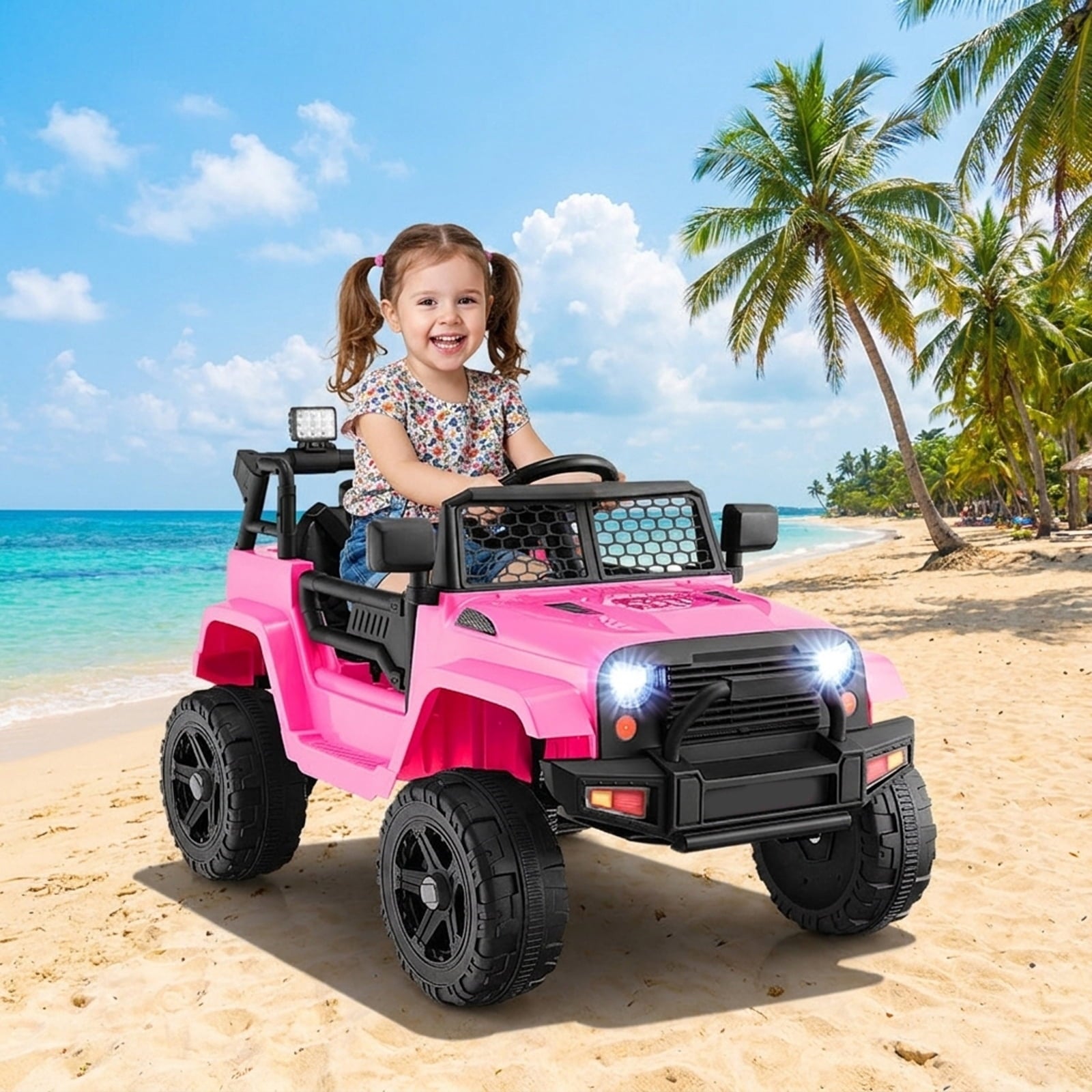Redsmile 12V Kids Ride On Truck with Parental Remote Control, Battery Powered Electric Pickup with LED Headlights, Seat Belt, Lockable Doors, USB AUX, Spring Suspension Wheels, Pink