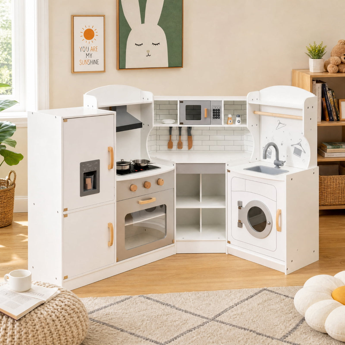 Redsmile Corner Kids Play Kitchen Set for Boys and Girls 3-10 Years, Pretend Play Kitchen with Washing Machine, Ice Maker, Sink, Hanging Hooks and Towel Rack, Fits 4 Kids, Gift, White
