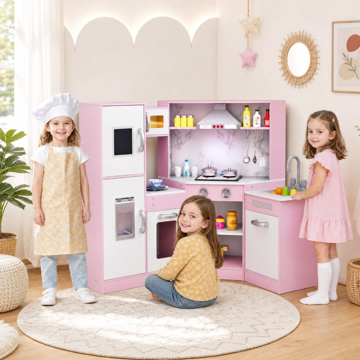 Redsmile Kids Corner Play Kitchen Set for Toddlers 3+ Years, Pretend Play Kitchen with Separated Washing Basin, Rotary Faucet, Sound and Light Range Hood, Chalkboard and 14 Accessories, Pink