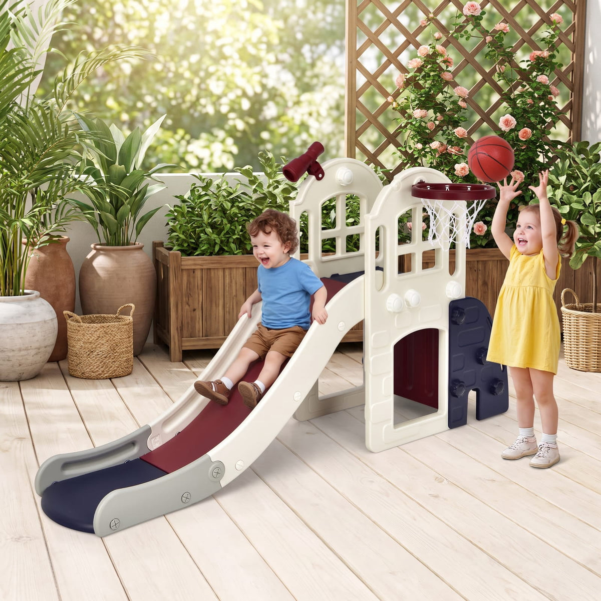 Redsmile 6-In-1 Large Slide for Kids Toddler Climber Slide Playset with Basketball Hoop for Kids 3+ Years Old, Blue