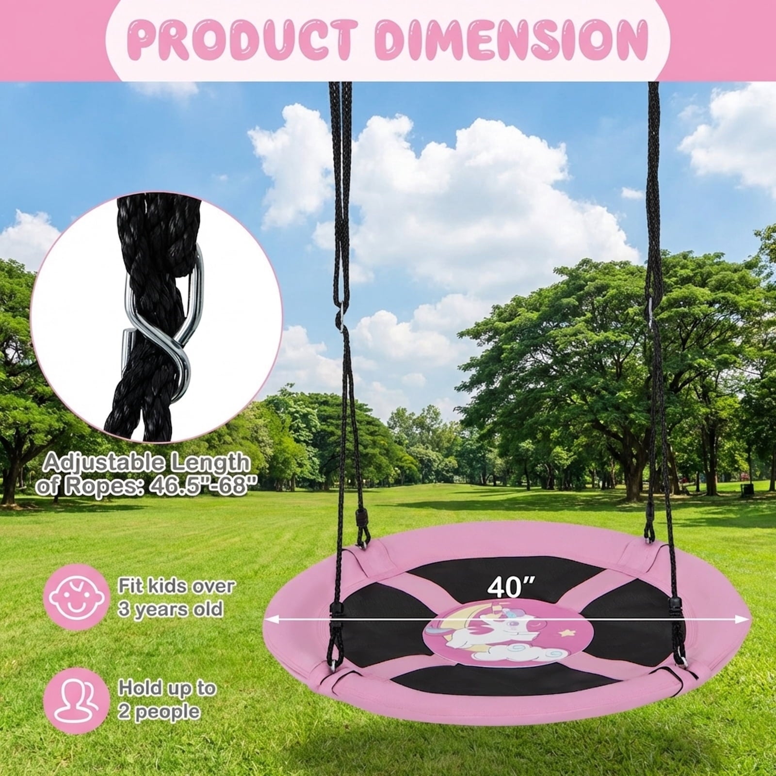 Redsmile 40 Inches Saucer Tree Swing Round with Adjustable Ropes and Carabiners - Pink - Backyard Play