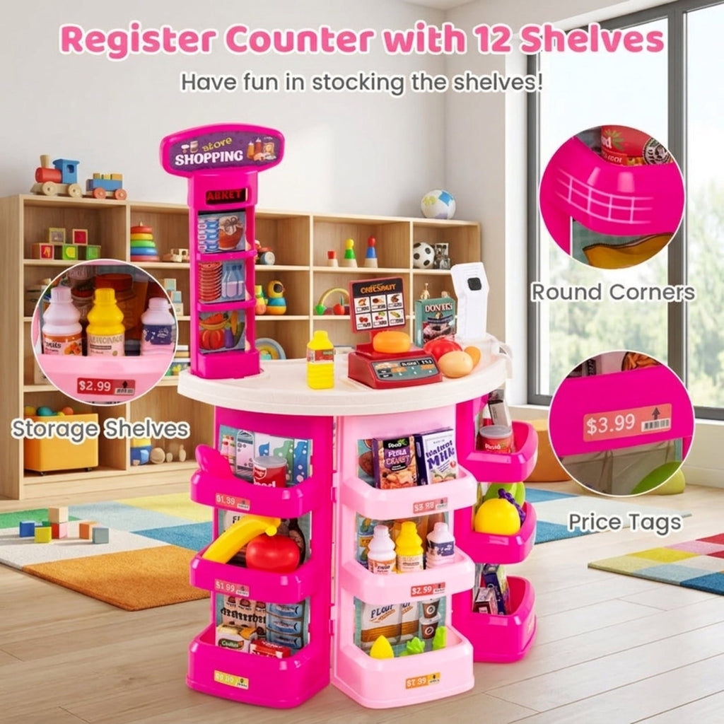 Redsmile Supermarket Playset for Kids 76 PCS Pretend Play Grocery Store Set with Shopping Cart, Pink