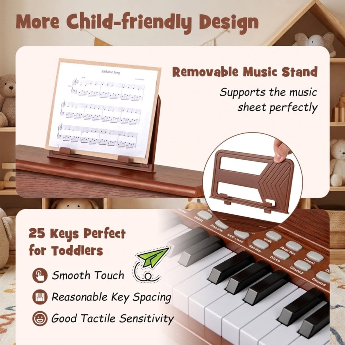 Redsmile 25-Key Kids Piano Keyboard with Adjustable Speed and Record Function for Kids Age 3 and Up to Learn Their First Songs, Brown