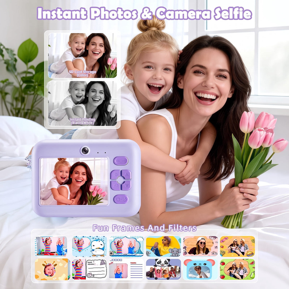 Redsmile Kids Instant Print Camera with Dual Lenses, 1080P Video, 2.4-Inch Screen, 32GB Card and USB-C Charging, Purple