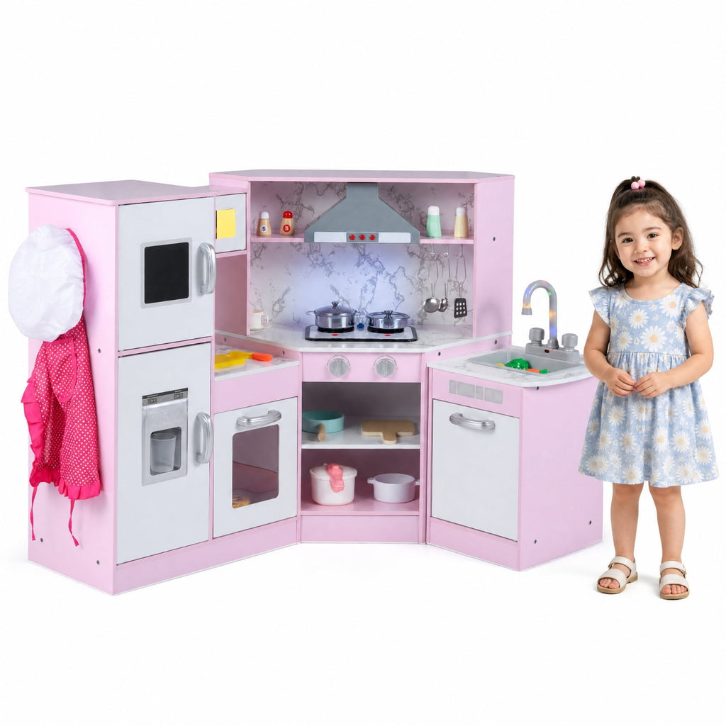 Redsmile Kids Corner Play Kitchen Set for Toddlers 3+ Years, Pretend Play Kitchen with Separated Washing Basin, Rotary Faucet, Sound and Light Range Hood, Chalkboard and 14 Accessories, Pink