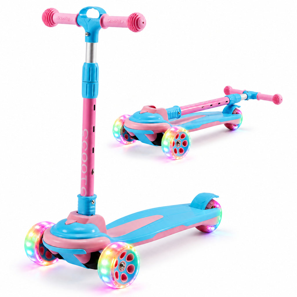 Redsmile Kids 3-Wheel Folding Kick Scooter with Light-Up Wheels, Pink and Blue