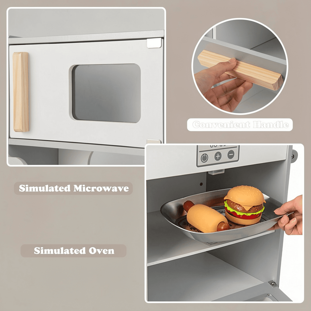 Redsmile Double-sided Pretend Play Kitchen,Wooden Kids Kitchen Playset with 2-Seat Cafe,Microwave,Oven,with Realistic Lights and Sounds,Gift for Girls Boys Ages 3-10,Gray