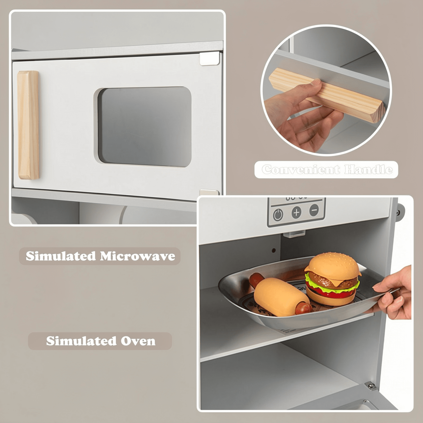 Redsmile Double-sided Pretend Play Kitchen,Wooden Kids Kitchen Playset with 2-Seat Cafe,Microwave,Oven,with Realistic Lights and Sounds,Gift for Girls Boys Ages 3-10,Gray