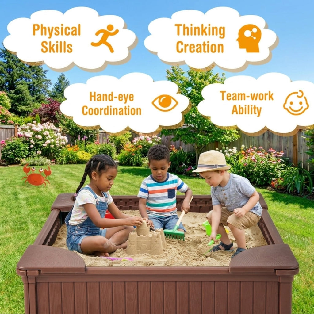 Redsmile Kids Sandbox for Backyard, 48 Inch Outdoor Sandbox with Cover and 4 Corner Seats, Weatherproof Sand Play Box, Brown